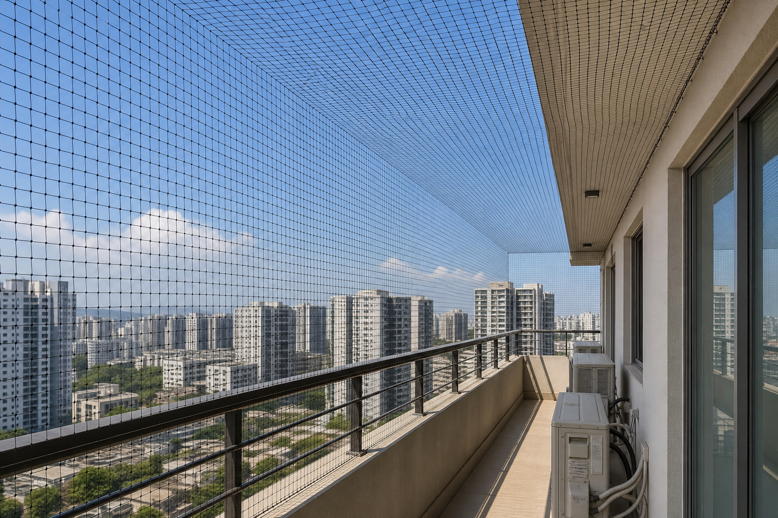 Pigeon net installed on apartment terrace in Vijayawada